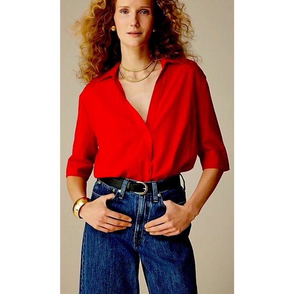 J.Crew Bright Red Linen Popover Shirt Blouse | Size Small | Collared Tunic Style - Picture 1 of 6